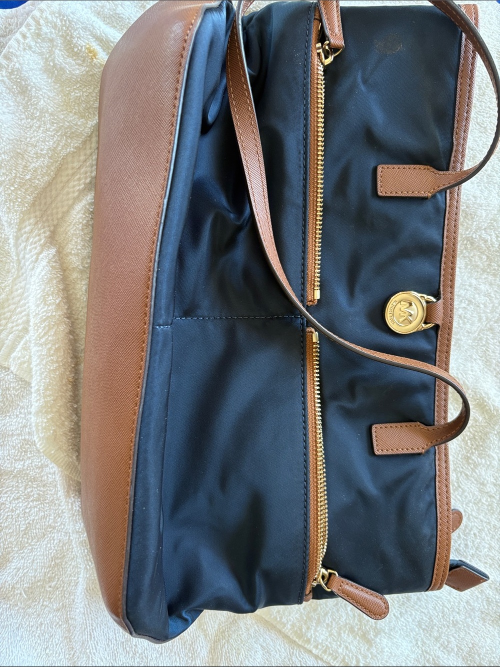 Michael Kors Navy Blue Nylon and Brown Leather Shoulder Tote with Gold Hardware